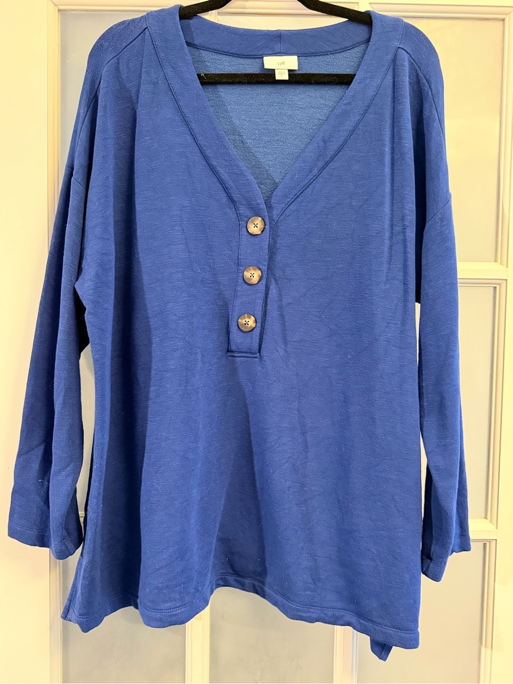 J. Jill Blue V-Neck Henley Sweatshirt/tunic with Button Placket and Side Slit